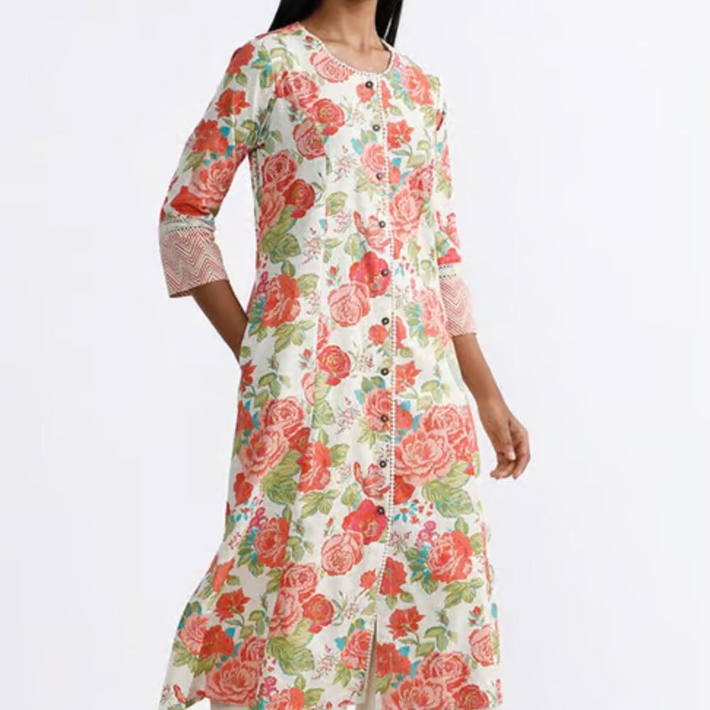 Utsa Women's Westside Floral Printed Kurta Medium Orange Cottagcore Tunic Dress